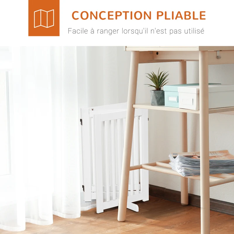 Barrière de sécurité pour chien intérieur 155 x 35,5 x 76 cm porte verrouillable pliable moderne épuré en MDF blanc 21_0007388