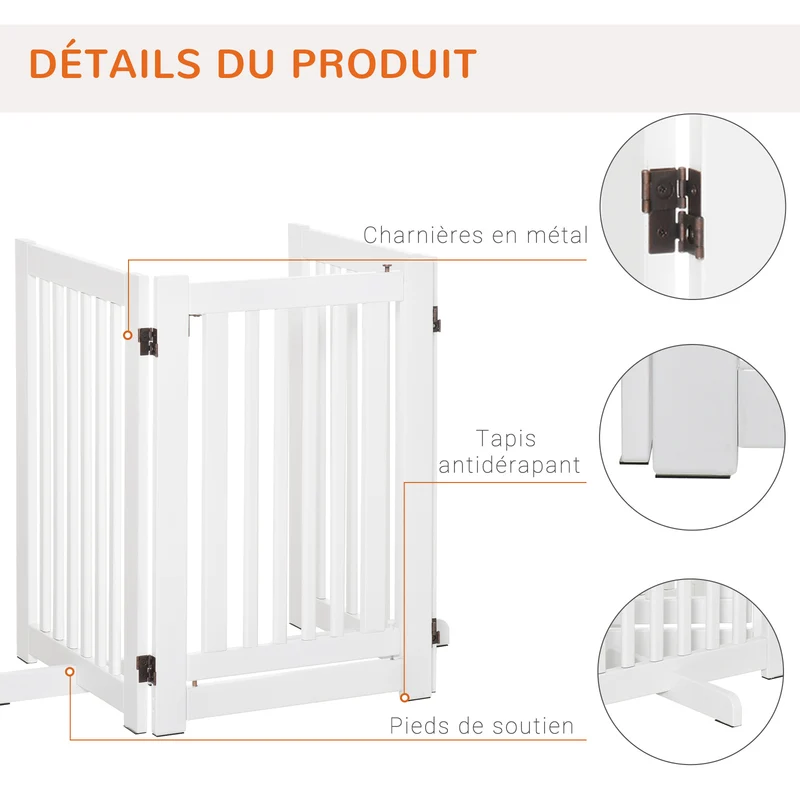 Barrière de sécurité pour chien intérieur 155 x 35,5 x 76 cm porte verrouillable pliable moderne épuré en MDF blanc 21_0007388