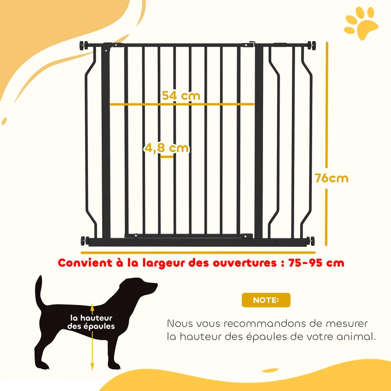 Barrière de sécurité pour animaux escalier 75-95 x 76 cm double verrouillage ouverture double sens moderne en acier noir 21_0007422