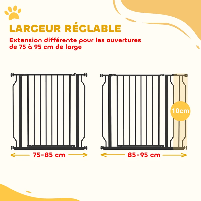 Barrière de sécurité pour animaux escalier 75-95 x 76 cm double verrouillage ouverture double sens moderne en acier noir 21_0007422