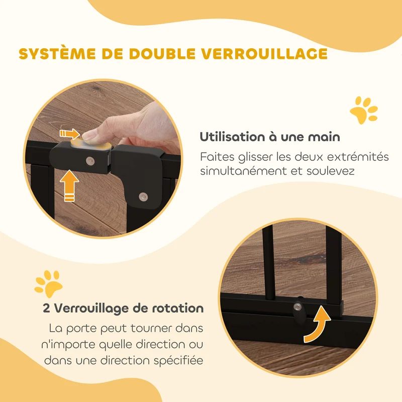 Barrière de sécurité pour animaux escalier 75-95 x 76 cm double verrouillage ouverture double sens moderne en acier noir 21_0007422
