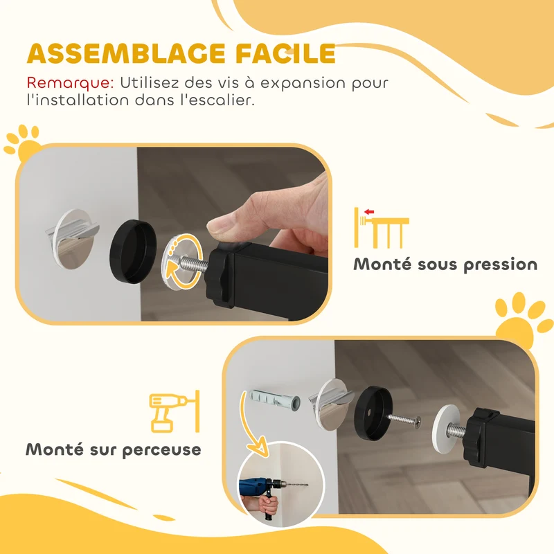 Barrière de sécurité pour animaux escalier 75-95 x 76 cm double verrouillage ouverture double sens moderne en acier noir 21_0007422
