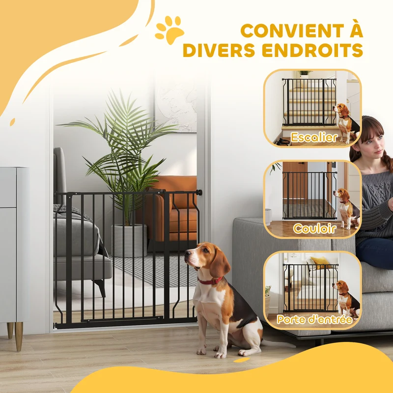 Barrière de sécurité pour animaux escalier 75-95 x 76 cm double verrouillage ouverture double sens moderne en acier noir 21_0007422