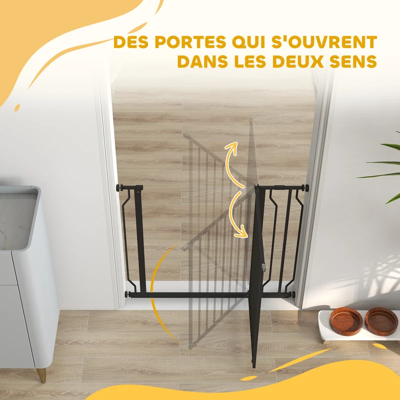 Barrière de sécurité pour animaux escalier 75-95 x 76 cm double verrouillage ouverture double sens moderne en acier noir 21_0007422