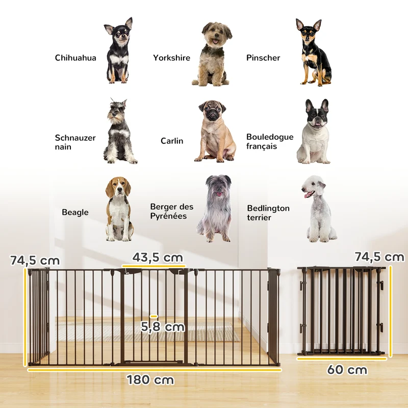 Barrière de sécurité modulable parc enclos pour chien pliable porte verrouillable 300 x 75 x 11 cm design en métal noir 21_0007414