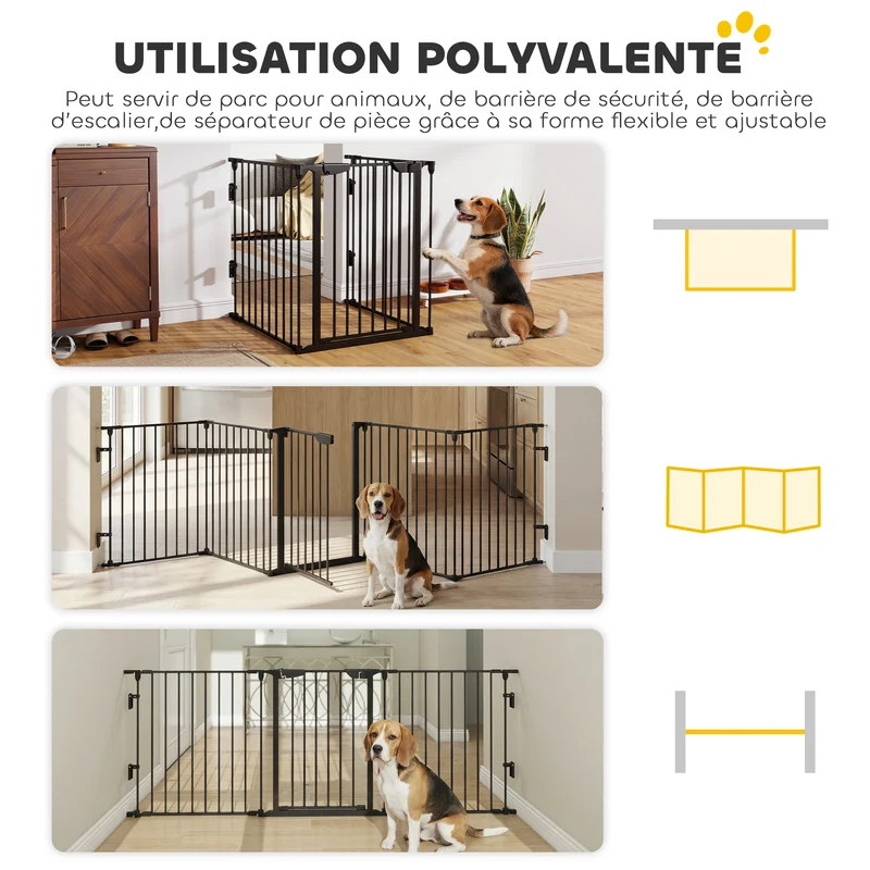 Barrière de sécurité modulable parc enclos pour chien pliable porte verrouillable 300 x 75 x 11 cm design en métal noir 21_0007414