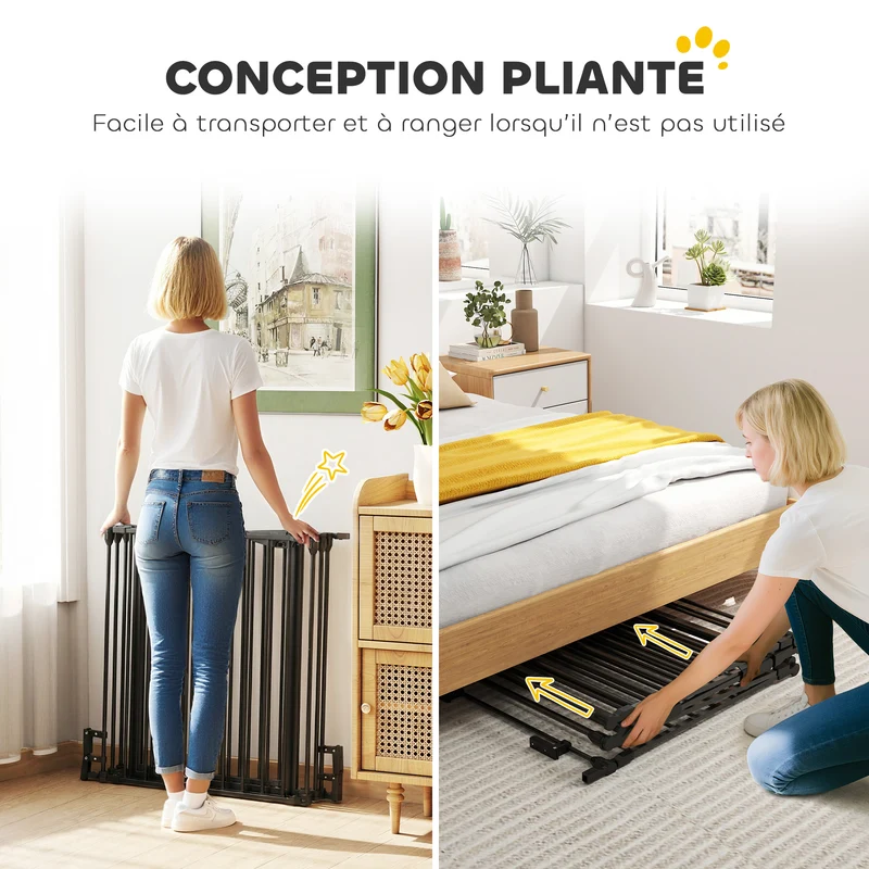 Barrière de sécurité modulable parc enclos pour chien pliable porte verrouillable 300 x 75 x 11 cm design en métal noir 21_0007414