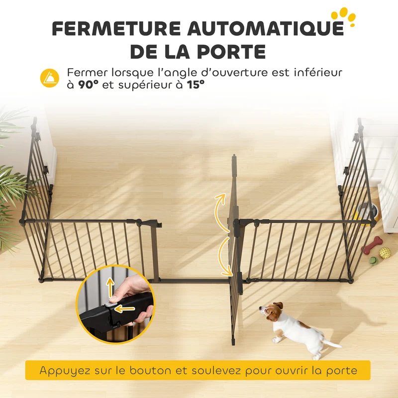 Barrière de sécurité modulable parc enclos pour chien pliable porte verrouillable 300 x 75 x 11 cm design en métal noir 21_0007414