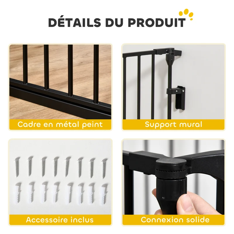 Barrière de sécurité modulable parc enclos pour chien pliable porte verrouillable 300 x 75 x 11 cm design en métal noir 21_0007414