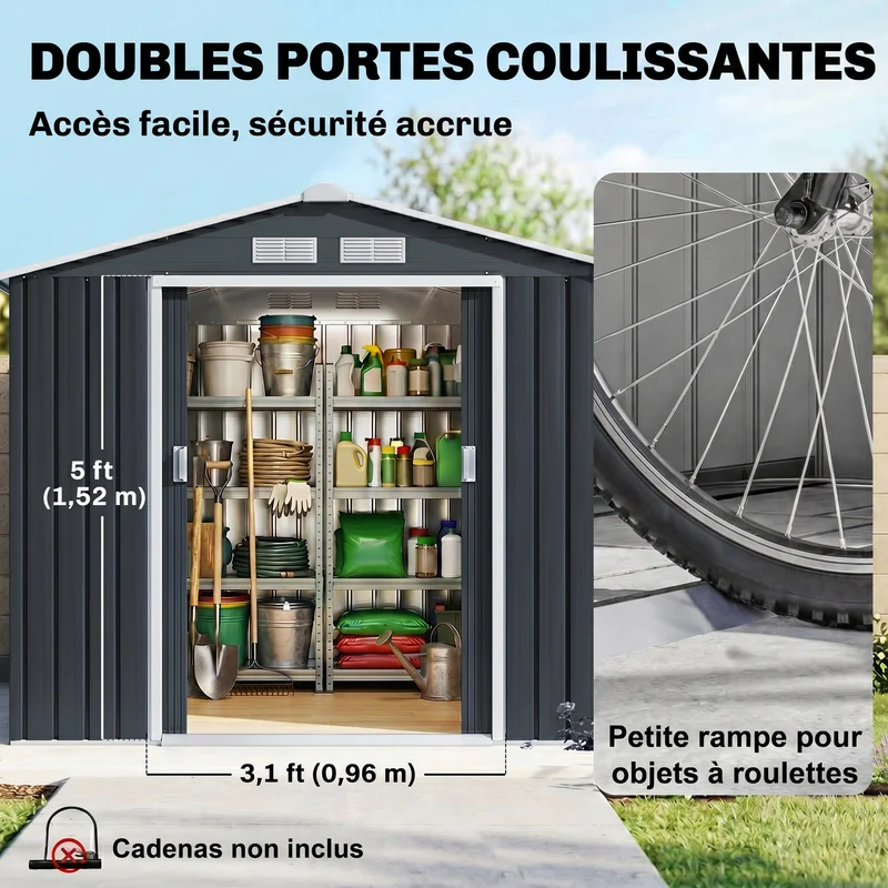 Abri de jardin extérieur 213 x 130 x 185 cm grand rangement porte coulissante industriel moderne en acier gris foncé 21_0004026