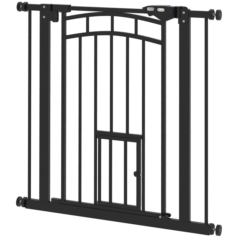 Barrière de sécurité pour animaux porte 74-80 x 4 x 76 cm fermeture automatique sans perçage moderne épuré en acier noir 21_0007451