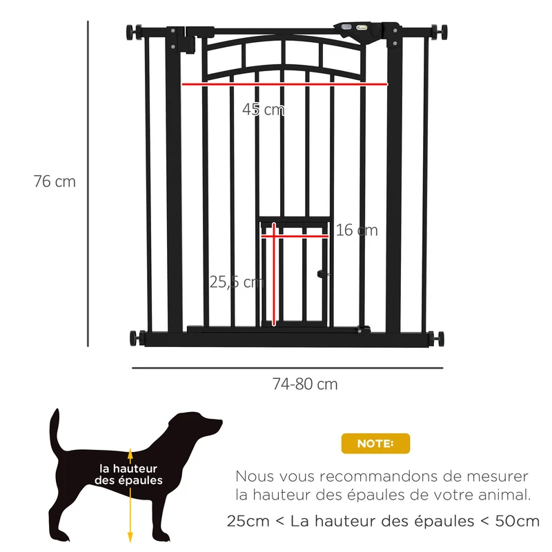 Barrière de sécurité pour animaux porte 74-80 x 4 x 76 cm fermeture automatique sans perçage moderne épuré en acier noir 21_0007451