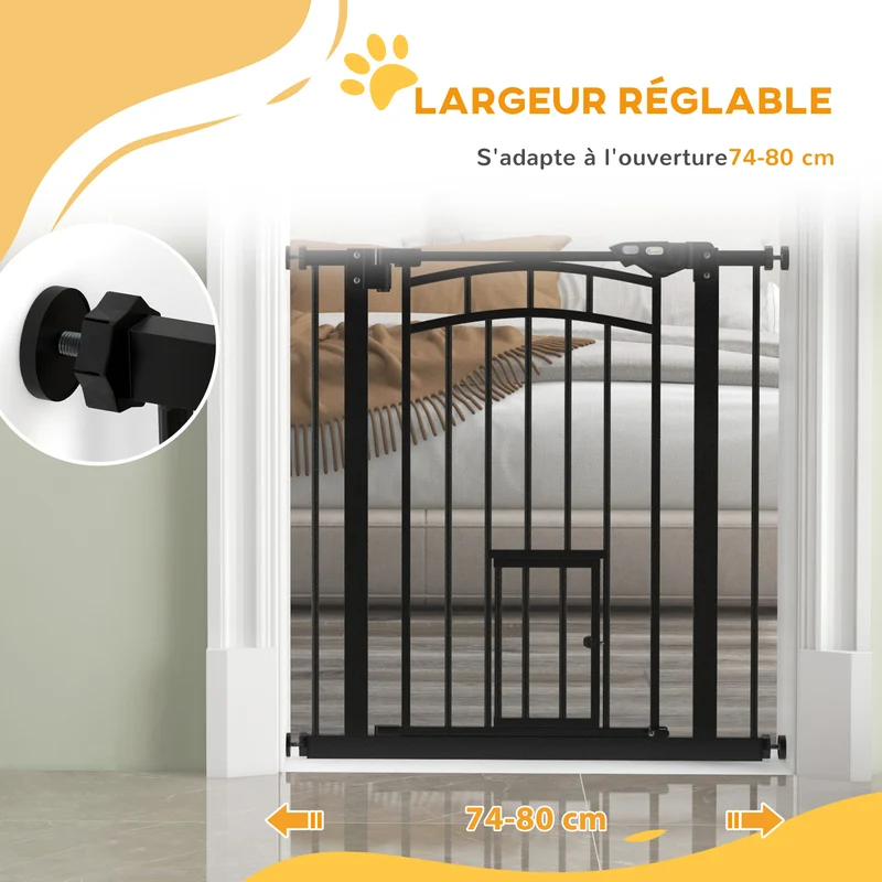 Barrière de sécurité pour animaux porte 74-80 x 4 x 76 cm fermeture automatique sans perçage moderne épuré en acier noir 21_0007451