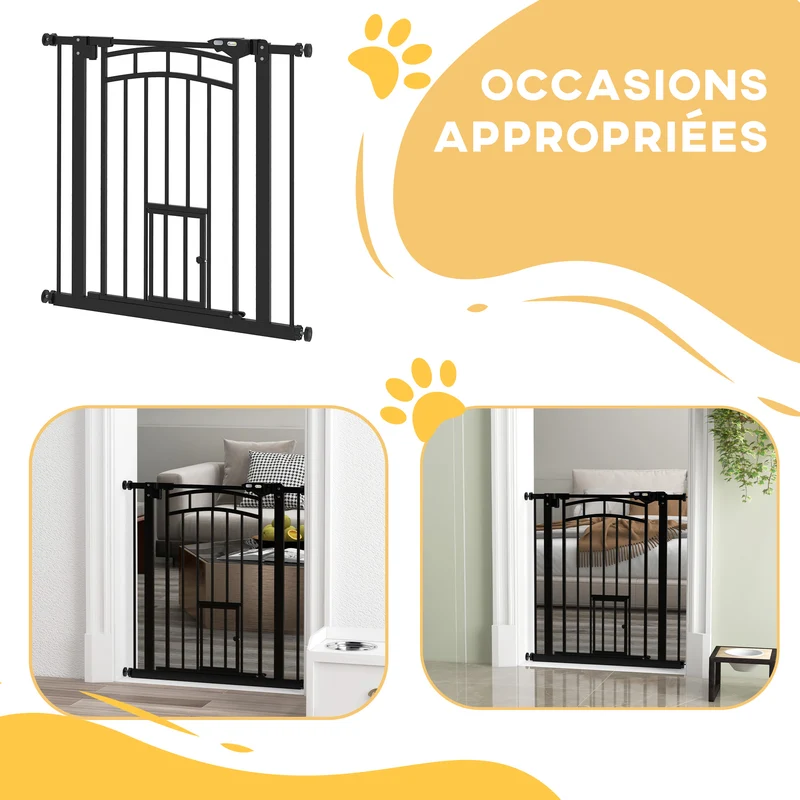 Barrière de sécurité pour animaux porte 74-80 x 4 x 76 cm fermeture automatique sans perçage moderne épuré en acier noir 21_0007451