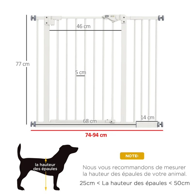 Barrière de sécurité pour animaux 74-94 x 77 cm largeur réglable fermeture automatique design moderne en métal blanc 21_0007412