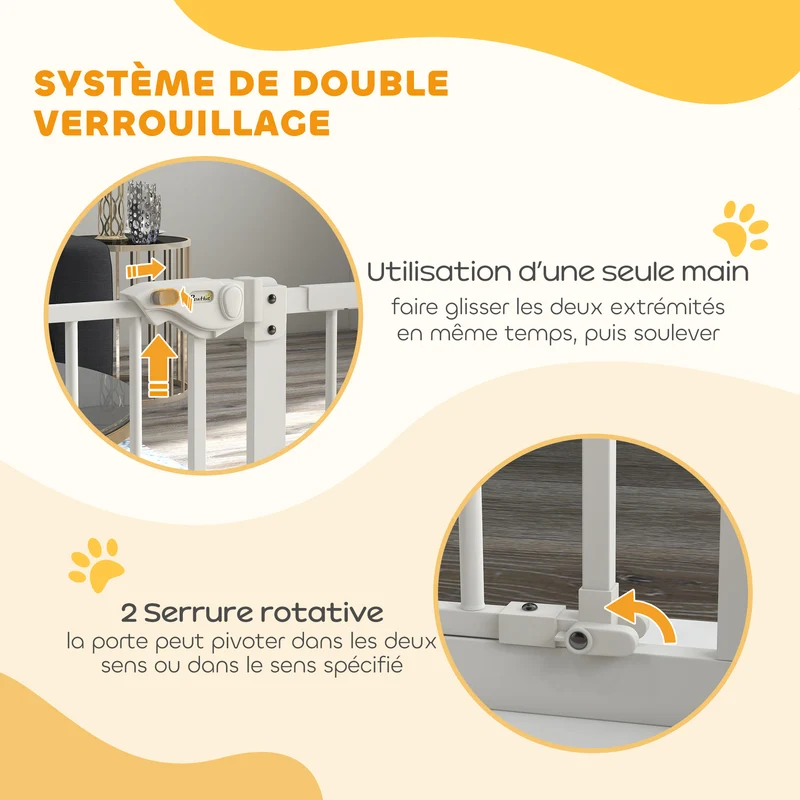 Barrière de sécurité pour animaux 74-94 x 77 cm largeur réglable fermeture automatique design moderne en métal blanc 21_0007412