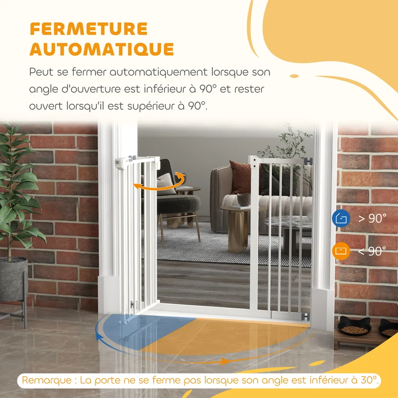 Barrière de sécurité pour animaux 74-94 x 77 cm largeur réglable fermeture automatique design moderne en métal blanc 21_0007412