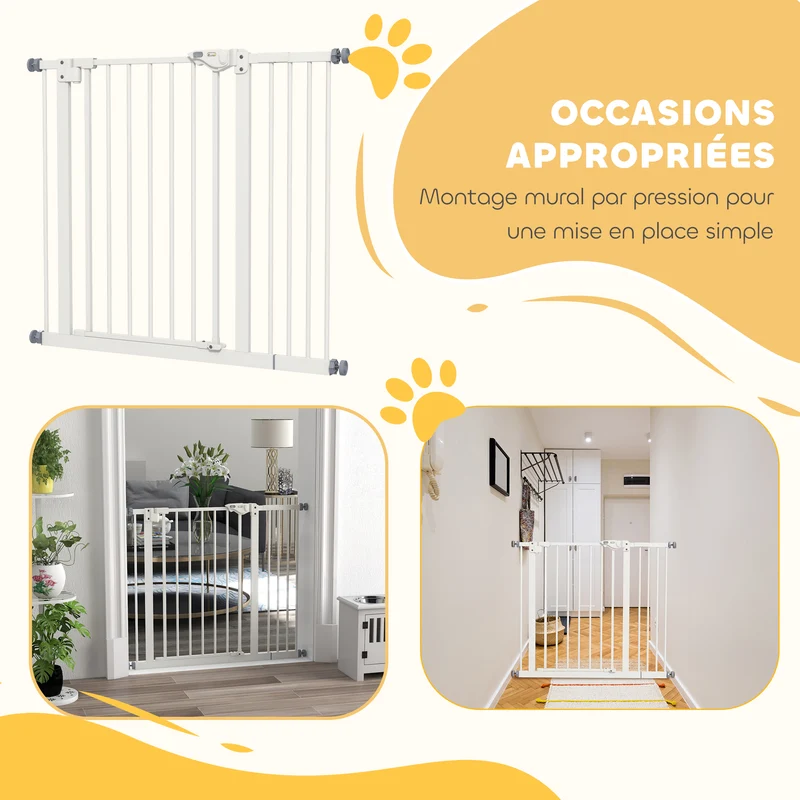 Barrière de sécurité pour animaux 74-94 x 77 cm largeur réglable fermeture automatique design moderne en métal blanc 21_0007412