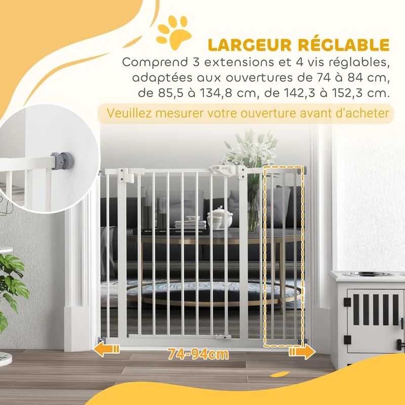 Barrière de sécurité pour animaux 74-94 x 77 cm largeur réglable fermeture automatique design moderne en métal blanc 21_0007412