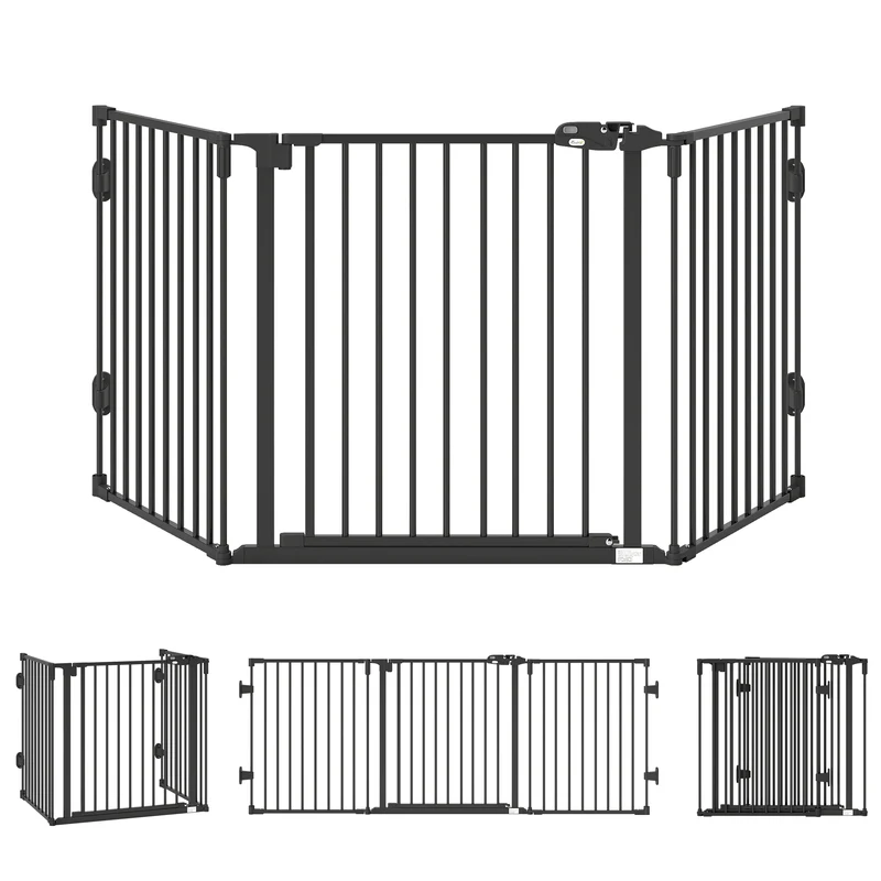 Barrière de sécurité porte pour chien 202.5 x 2 x 76 cm pliable fermeture automatique escalier moderne en acier noir 21_0007440