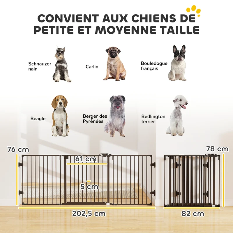 Barrière de sécurité porte pour chien 202.5 x 2 x 76 cm pliable fermeture automatique escalier moderne en acier noir 21_0007440