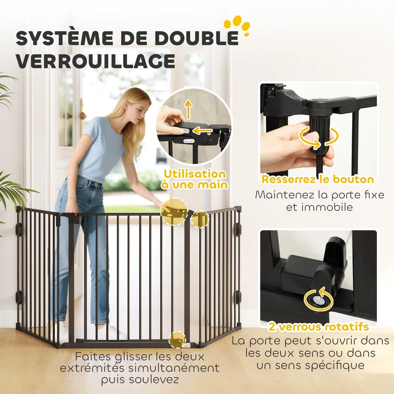 Barrière de sécurité porte pour chien 202.5 x 2 x 76 cm pliable fermeture automatique escalier moderne en acier noir 21_0007440
