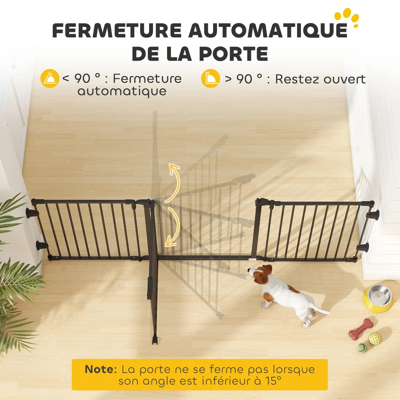 Barrière de sécurité porte pour chien 202.5 x 2 x 76 cm pliable fermeture automatique escalier moderne en acier noir 21_0007440