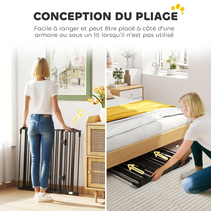 Barrière de sécurité porte pour chien 202.5 x 2 x 76 cm pliable fermeture automatique escalier moderne en acier noir 21_0007440