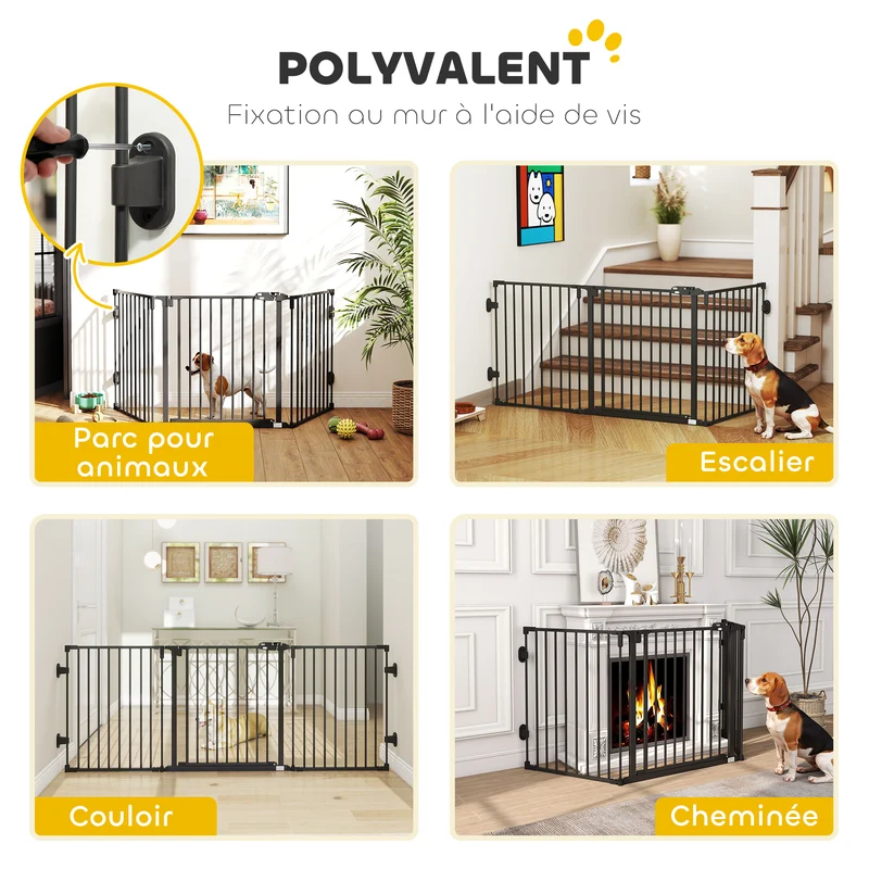 Barrière de sécurité porte pour chien 202.5 x 2 x 76 cm pliable fermeture automatique escalier moderne en acier noir 21_0007440