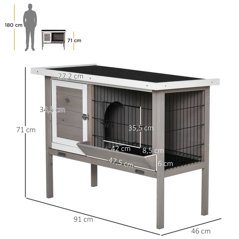 Clapier pour lapin surélevé extérieur 91 x 46 x 71 cm avec plateau amovible porte verrouillable rustique en bois gris 21_0007940