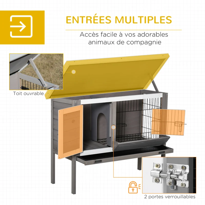 Clapier pour lapin surélevé extérieur 91 x 46 x 71 cm avec plateau amovible porte verrouillable rustique en bois gris 21_0007940