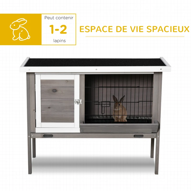 Clapier pour lapin surélevé extérieur 91 x 46 x 71 cm avec plateau amovible porte verrouillable rustique en bois gris 21_0007940