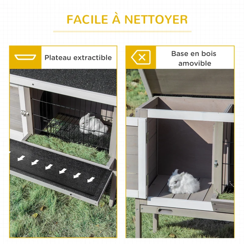 Clapier pour lapin surélevé extérieur 91 x 46 x 71 cm avec plateau amovible porte verrouillable rustique en bois gris 21_0007940