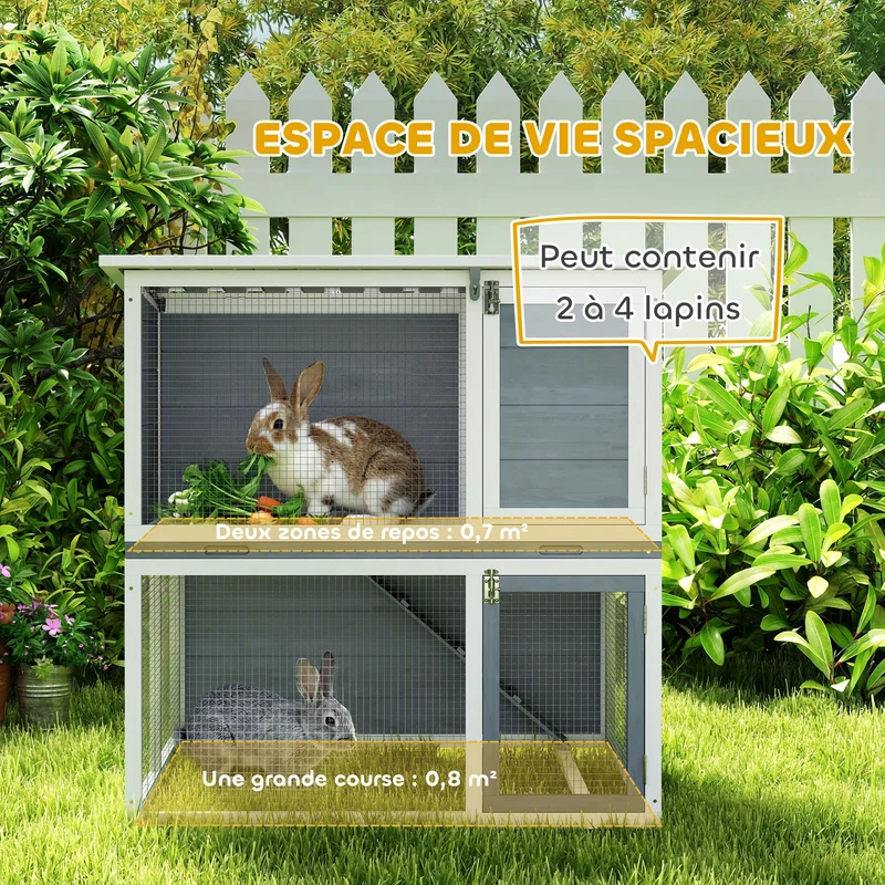 Clapier lapin extérieur 2 étages 98 x 95 x 102.5 cm toit étanche plateau amovible sécurisé rampe rustique en bois gris 21_0008029