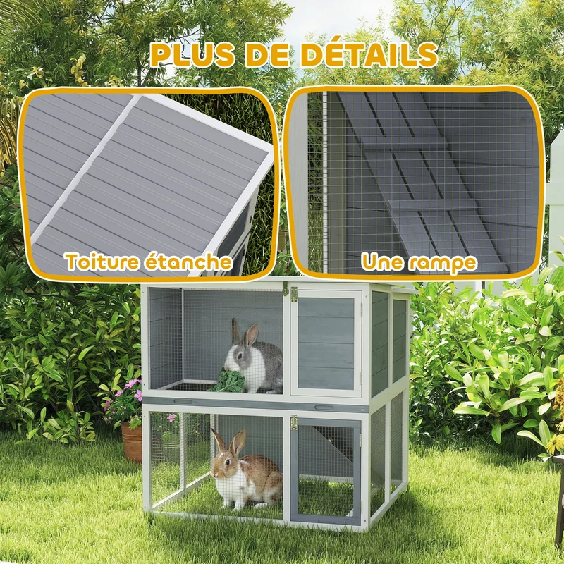 Clapier lapin extérieur 2 étages 98 x 95 x 102.5 cm toit étanche plateau amovible sécurisé rampe rustique en bois gris 21_0008029