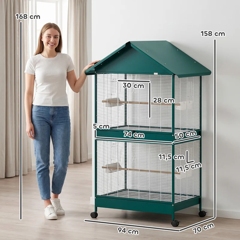 Cage à oiseaux sur roulettes 94 x 70 x 158 cm cloison amovible nettoyage facile moderne industriel en acier vert foncé 21_0007596