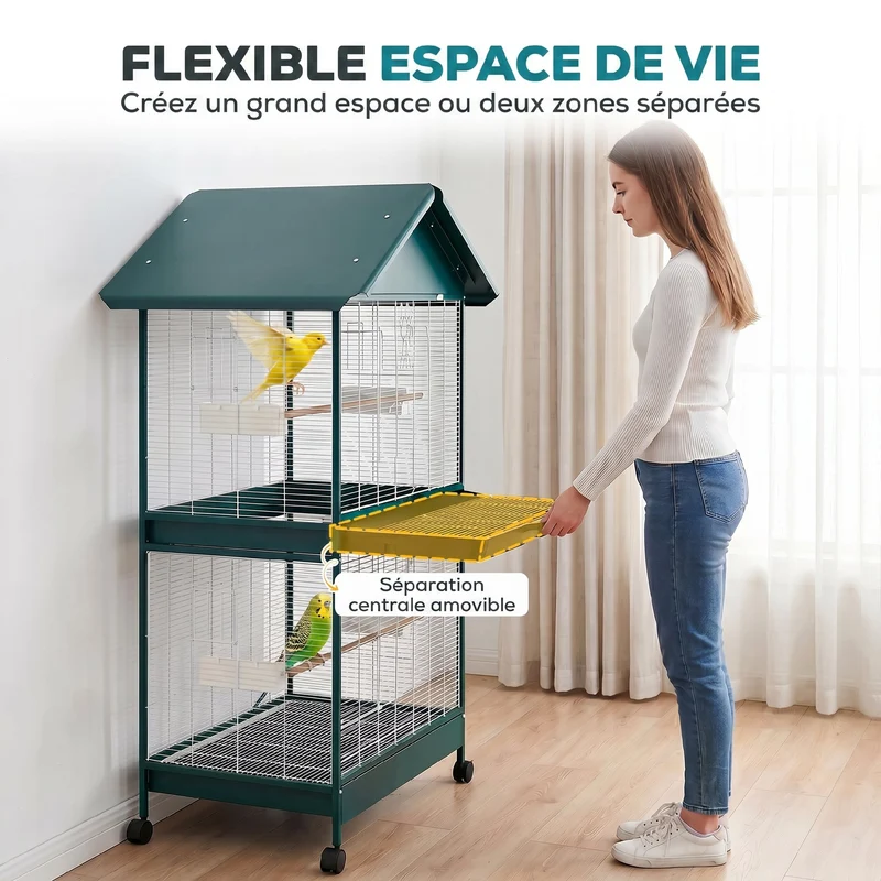 Cage à oiseaux sur roulettes 94 x 70 x 158 cm cloison amovible nettoyage facile moderne industriel en acier vert foncé 21_0007596