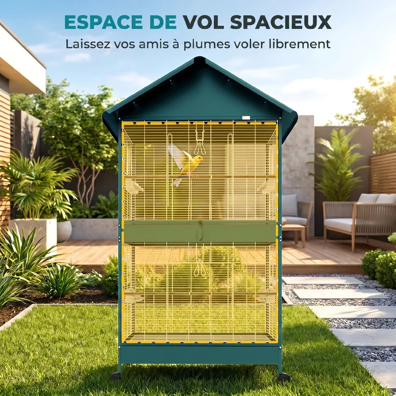 Cage à oiseaux sur roulettes 94 x 70 x 158 cm cloison amovible nettoyage facile moderne industriel en acier vert foncé 21_0007596