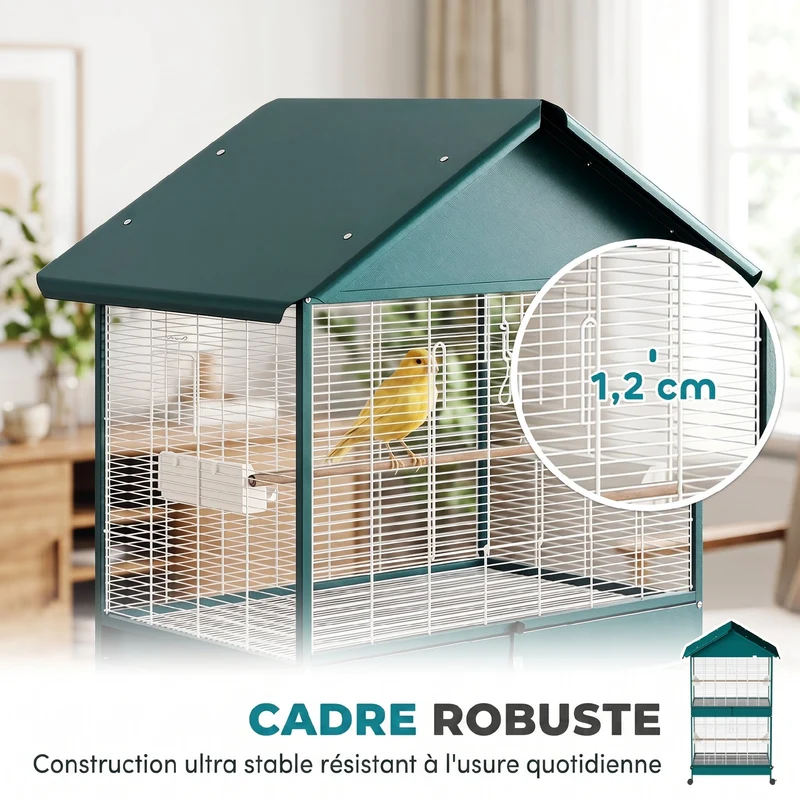 Cage à oiseaux sur roulettes 94 x 70 x 158 cm cloison amovible nettoyage facile moderne industriel en acier vert foncé 21_0007596