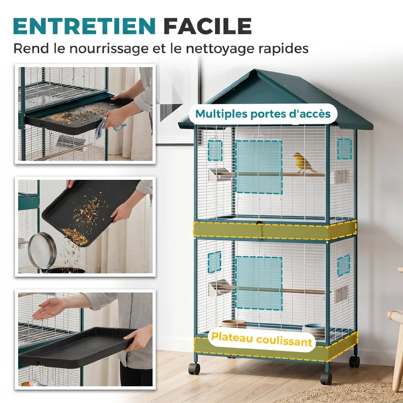 Cage à oiseaux sur roulettes 94 x 70 x 158 cm cloison amovible nettoyage facile moderne industriel en acier vert foncé 21_0007596