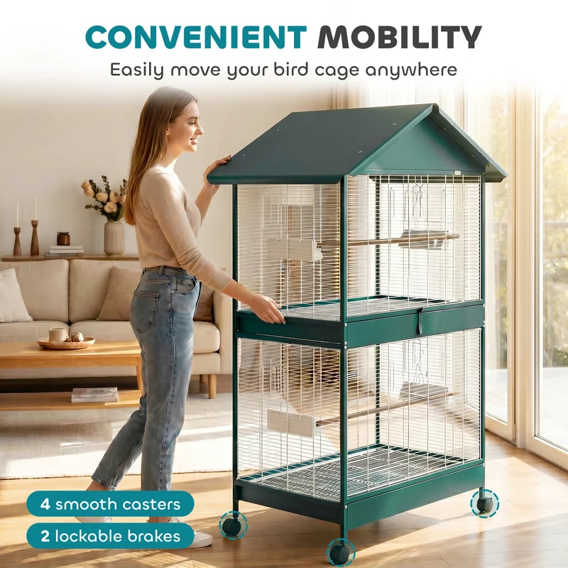 Cage à oiseaux sur roulettes 94 x 70 x 158 cm cloison amovible nettoyage facile moderne industriel en acier vert foncé 21_0007596