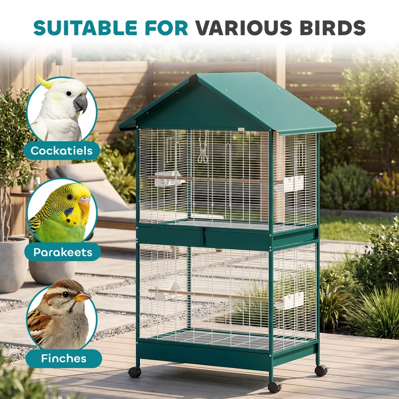 Cage à oiseaux sur roulettes 94 x 70 x 158 cm cloison amovible nettoyage facile moderne industriel en acier vert foncé 21_0007596