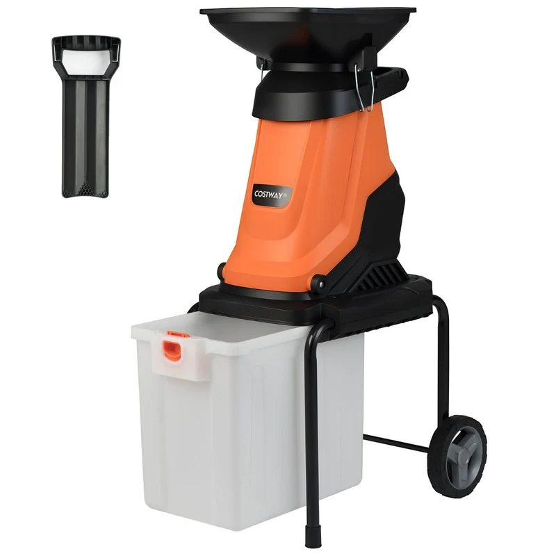 Broyeur végétaux électrique 3000 watts avec bac de ramassage 50 litres coupe jusqu'à 45 mm design moderne en métal orange 20_0017711