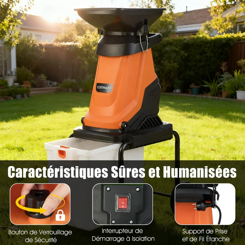 Broyeur végétaux électrique 3000 watts avec bac de ramassage 50 litres coupe jusqu'à 45 mm design moderne en métal orange 20_0017711
