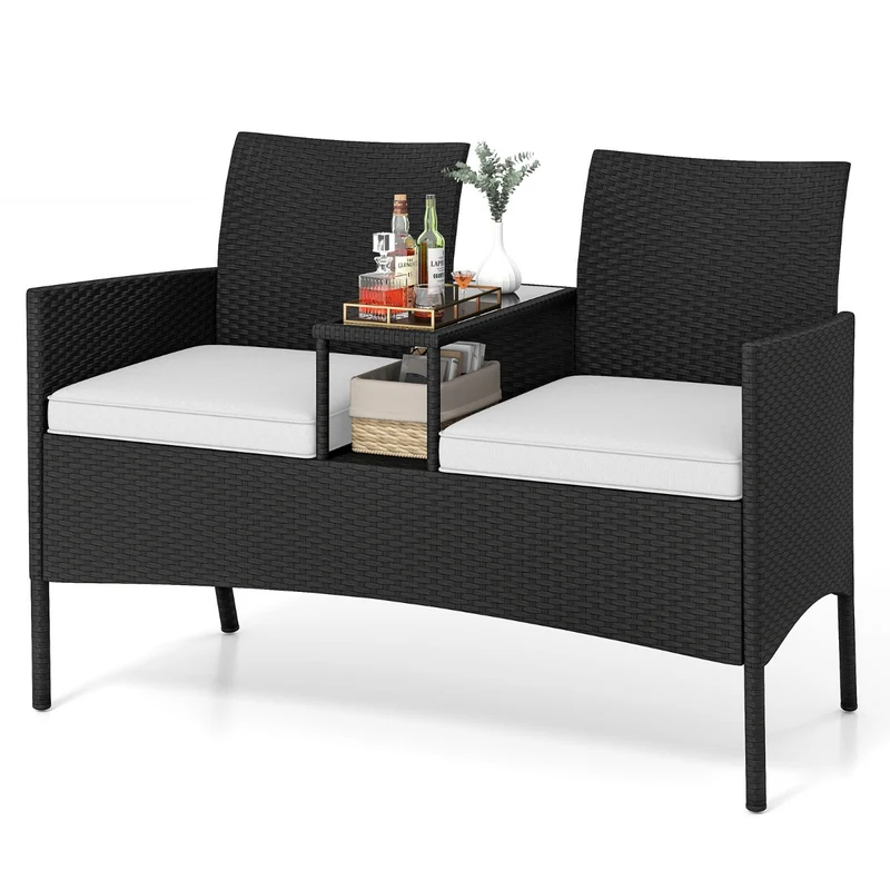 canapé de jardin 62 x 124 x 84 cm 2 places table intégrée confort optimal style moderne en rotin PE noir 20_0013427