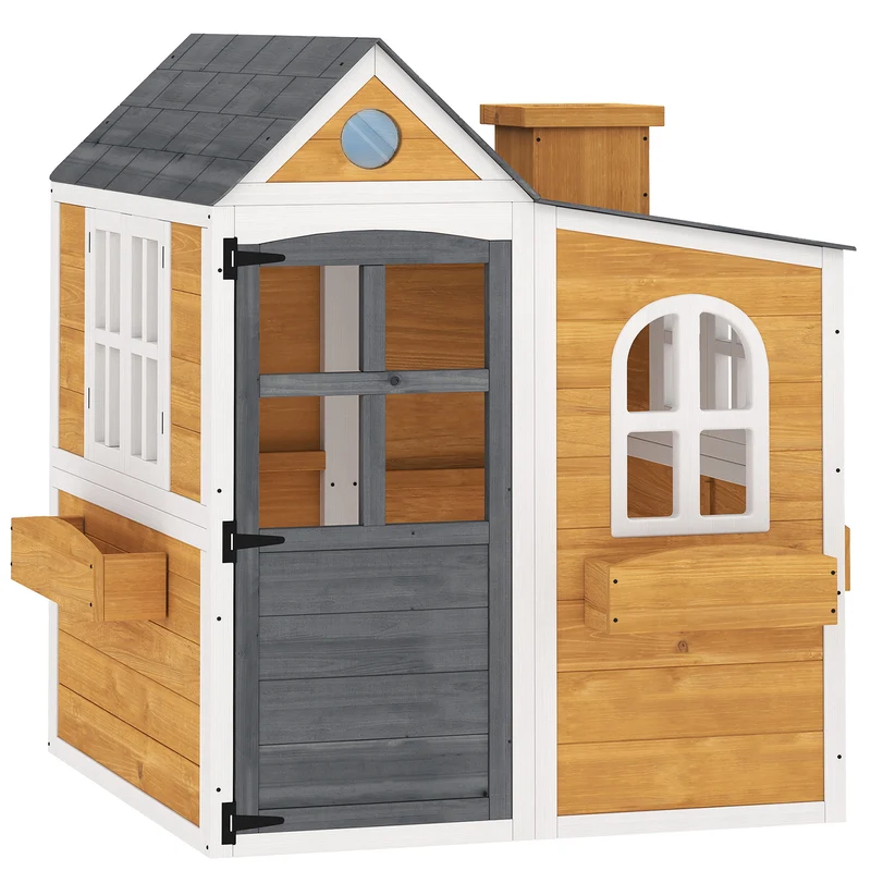 Cabane enfant extérieure 125.5 x 119 x 126 cm 3 jardinières intégrées fenêtres ouvrantes scandinave épuré en bois jaune 21_0000401