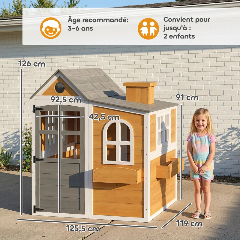 Cabane enfant extérieure 125.5 x 119 x 126 cm 3 jardinières intégrées fenêtres ouvrantes scandinave épuré en bois jaune 21_0000401