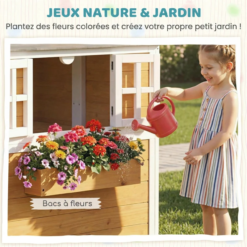 Cabane enfant extérieure 125.5 x 119 x 126 cm 3 jardinières intégrées fenêtres ouvrantes scandinave épuré en bois jaune 21_0000401