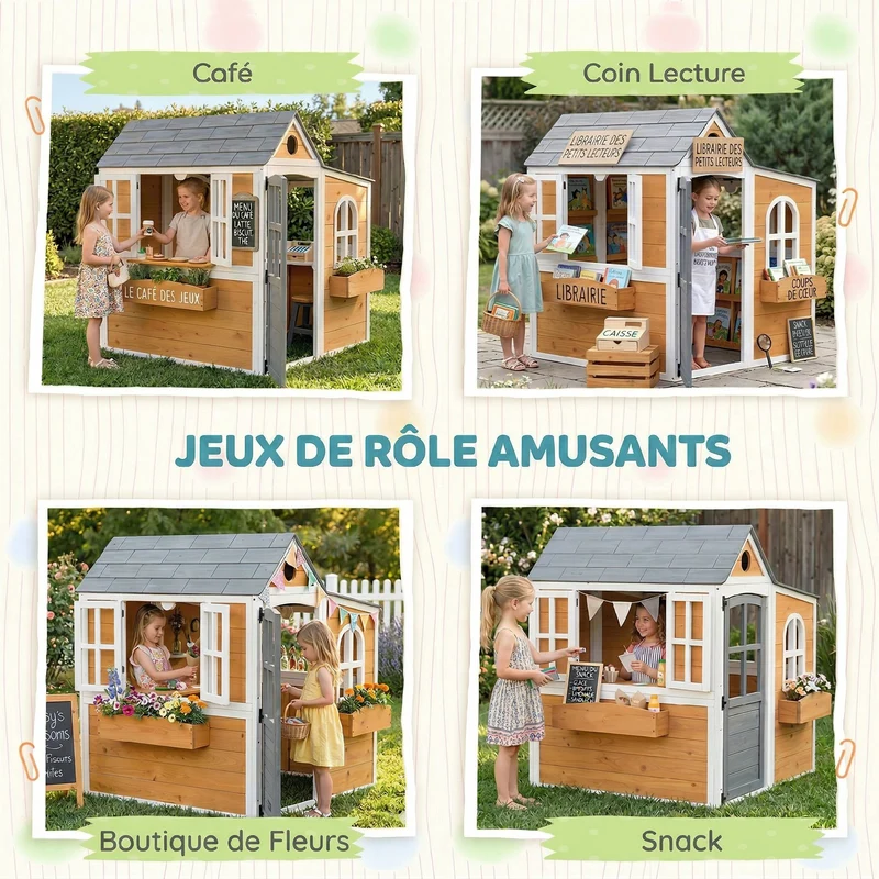 Cabane enfant extérieure 125.5 x 119 x 126 cm 3 jardinières intégrées fenêtres ouvrantes scandinave épuré en bois jaune 21_0000401