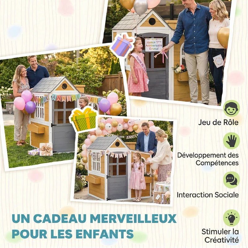 Cabane enfant extérieure 125.5 x 119 x 126 cm 3 jardinières intégrées fenêtres ouvrantes scandinave épuré en bois jaune 21_0000401